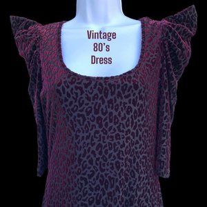 Vintage 1980s Burgundy/Purplish Colored Velvet Animal Print Dress by Cameo USA
